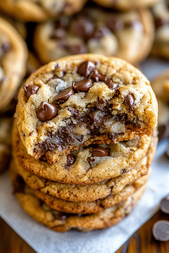 Apple chocolate chip cookie with bite showing soft center