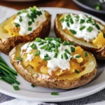 Baked potato chives with sour cream on white plate