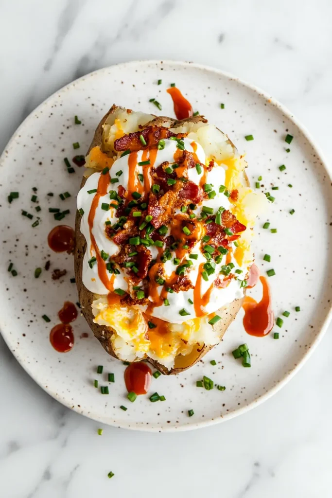 Fully loaded baked potato with chives and toppings