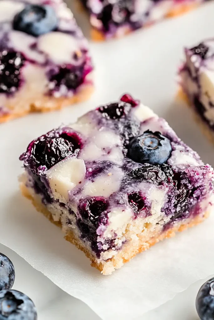 blueberry coconut bar close-up with golden crust and juicy berries