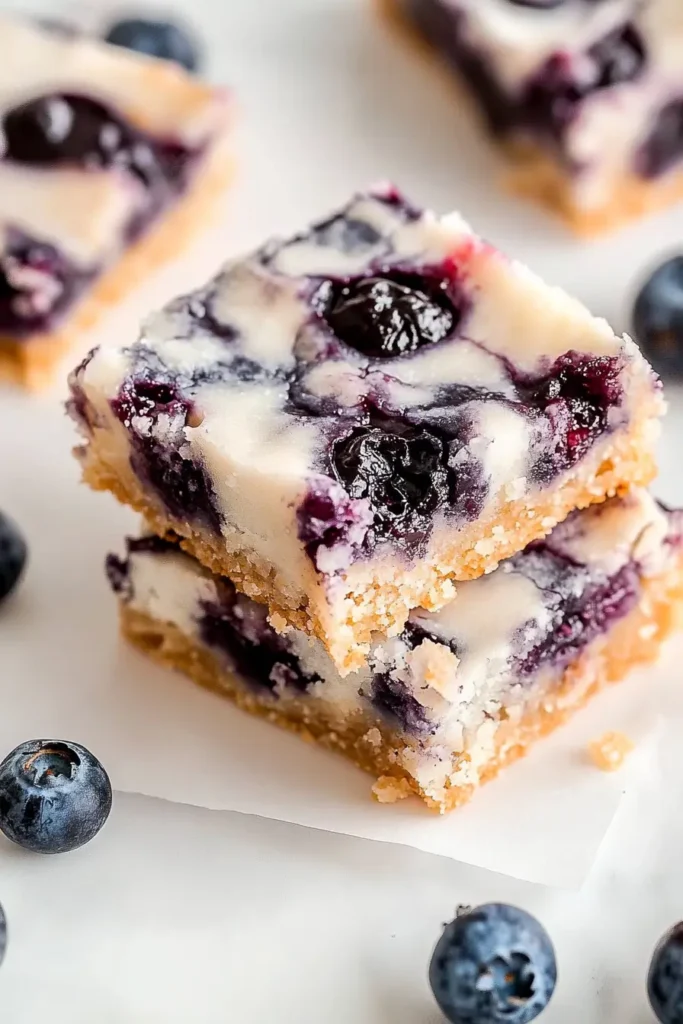 stack of blueberry coconut bars on parchment