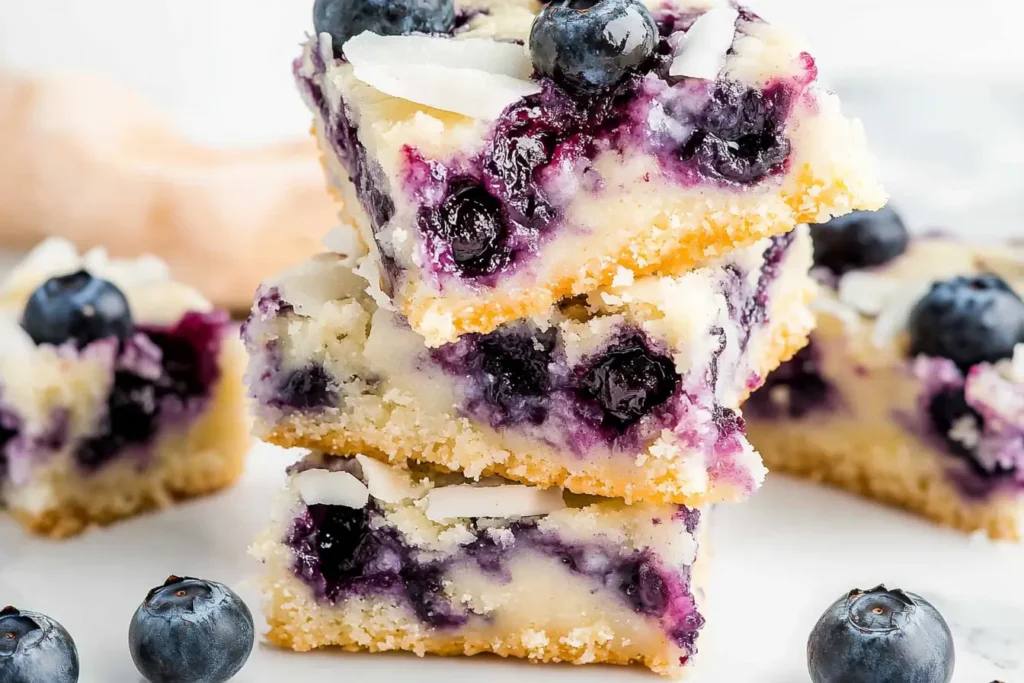 blueberry coconut bars on marble surface