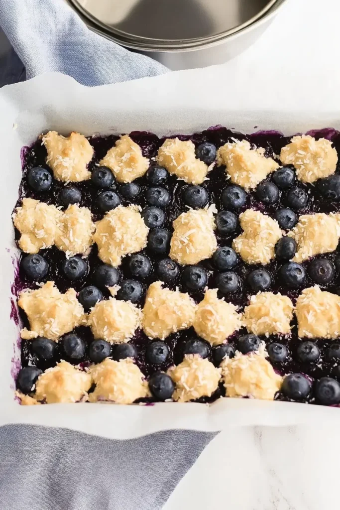 unbaked blueberry coconut bars with raw dough, fresh blueberries, and shredded coconut