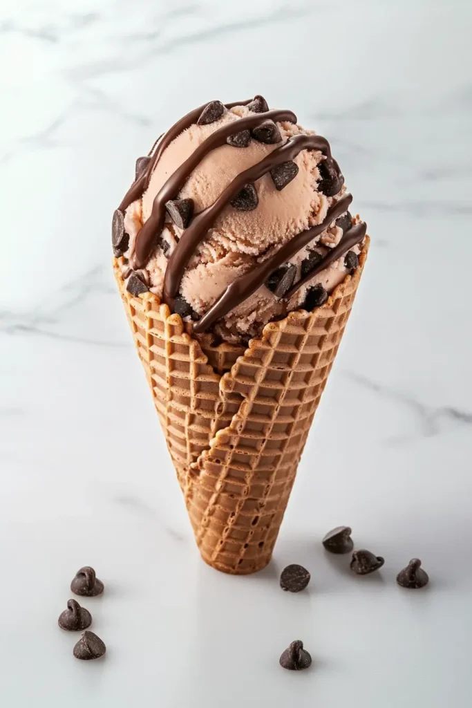 Waffle cone filled with chocolate chip ice cream and chocolate fudge drizzle