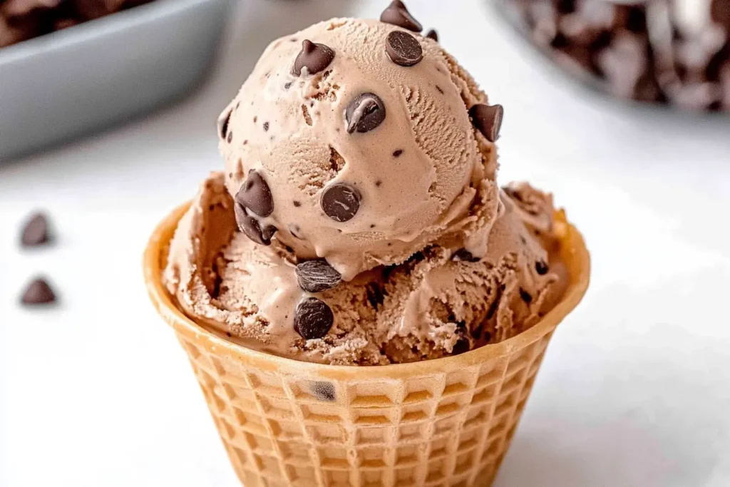 Bowl of chocolate chocolate chip ice cream on marble countertop