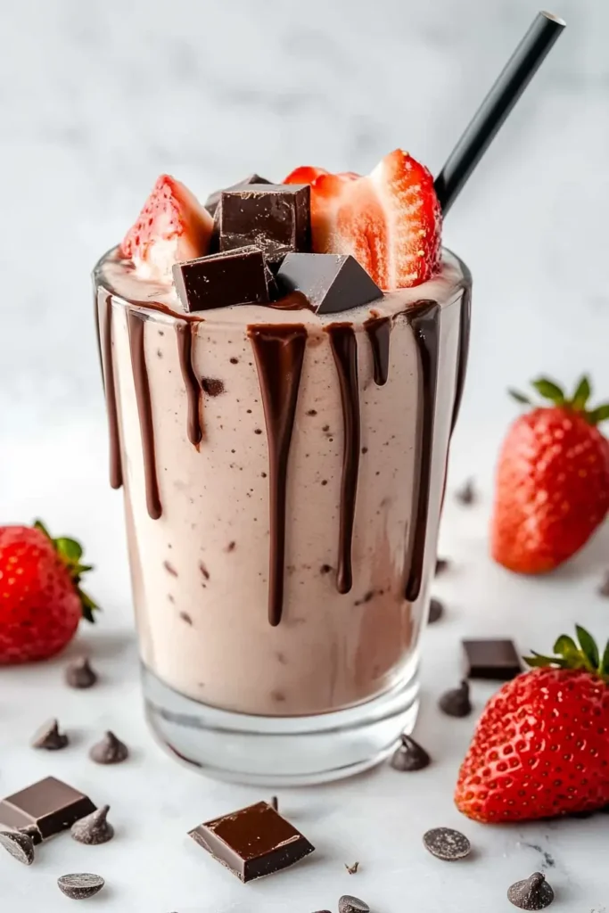 Chocolate covered strawberry protein shake with chocolate drizzle and dark chocolate chunks