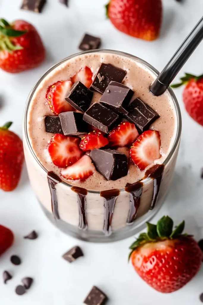 Top view of chocolate covered strawberry protein shake with dark chocolate chunks and sliced strawberries
