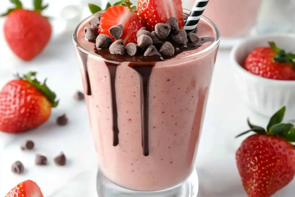 Chocolate covered strawberry protein shake with chocolate chips and fresh strawberries