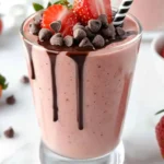 Chocolate covered strawberry protein shake with chocolate chips and fresh strawberries