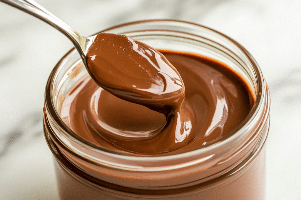 Chocolate peanut butter spread in a jar on marble countertop