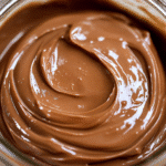 Close-up of creamy chocolate peanut butter spread swirled in a glass jar