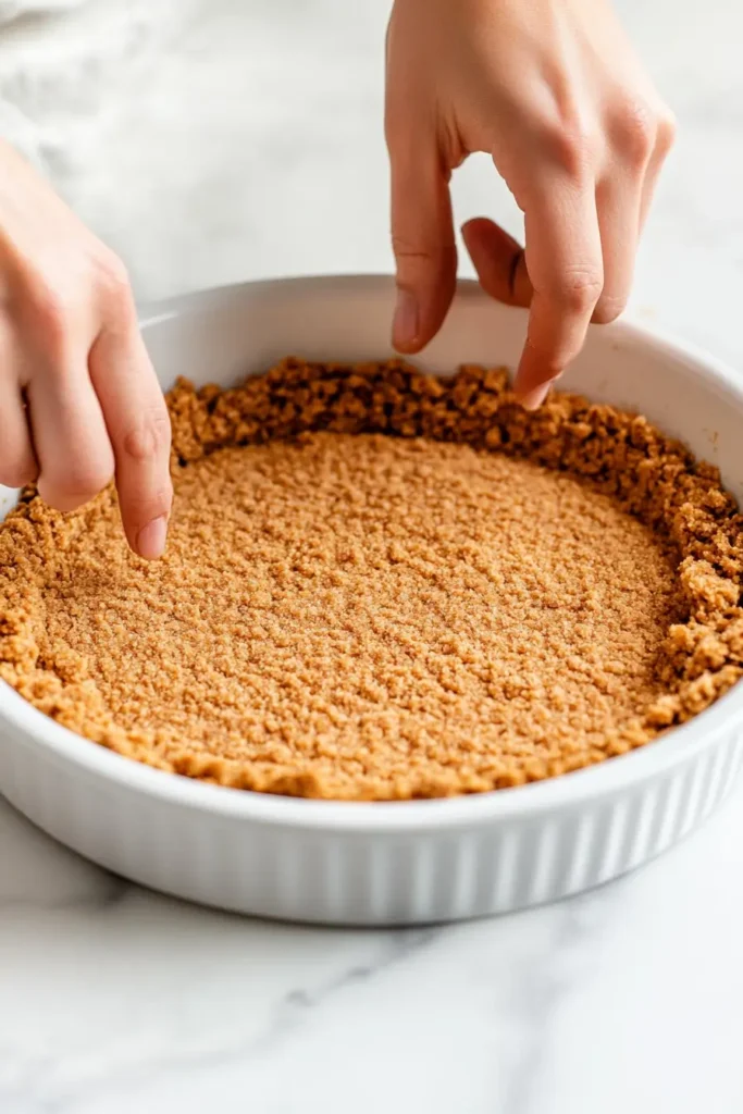 Graham cracker crust being pressed into a pan