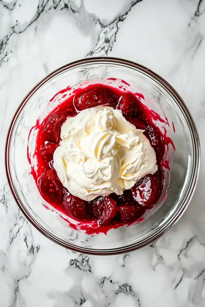 Folding whipped cream into plum ice cream base