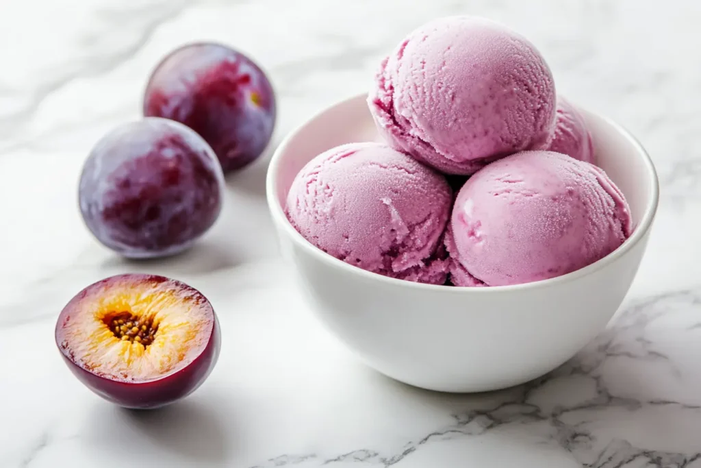 Plum ice cream in white bowl