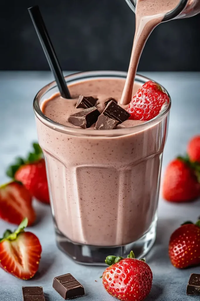 Pouring chocolate covered strawberry protein shake into glass with chocolate chunks and strawberries
