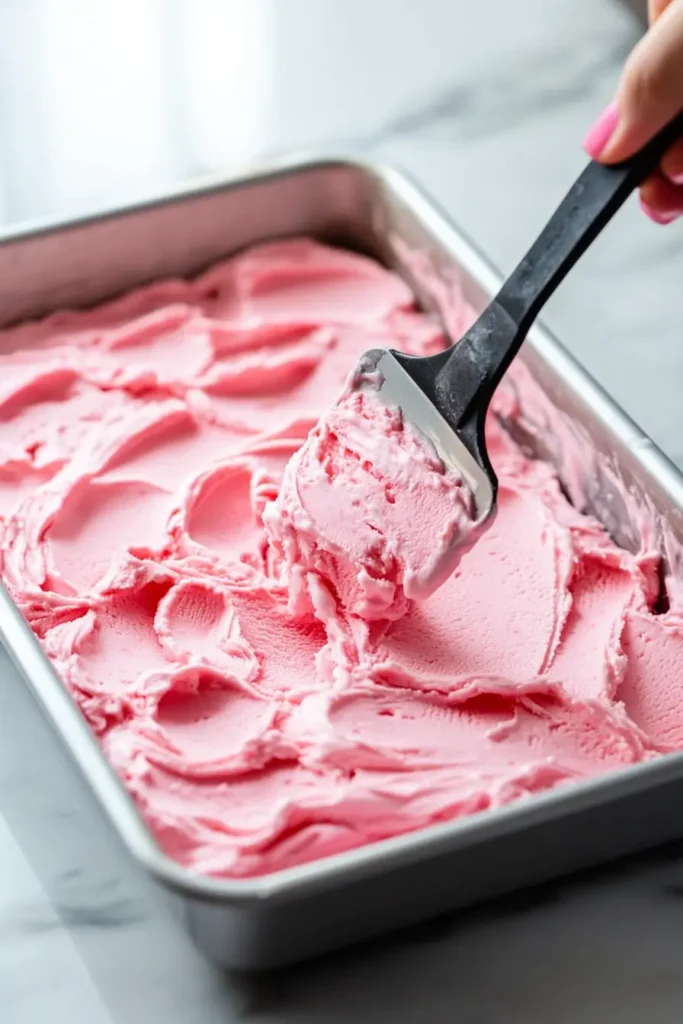 No-churn strawberry ice cream being scooped from metal tray
