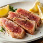 smoked tuna steak served with lemon and herbs