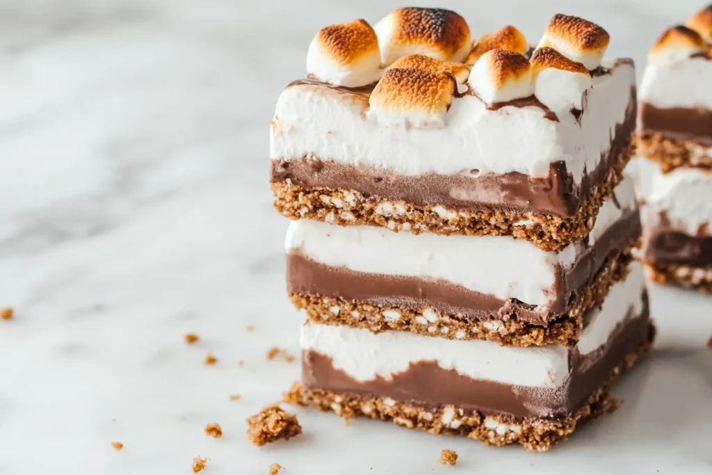 S’mores ice cream bars stacked on marble counter