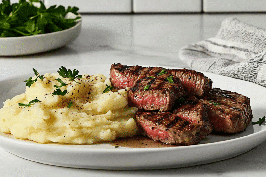 steak mashed potatoes plated dish