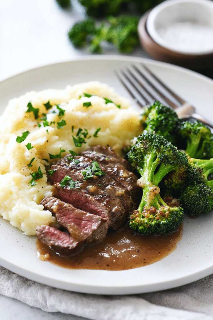 steak mashed potatoes with broccoli