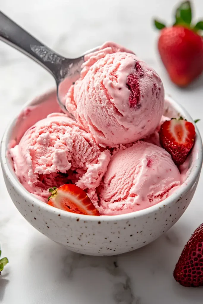 Homemade strawberry ice cream with fresh berries in a ceramic bowl