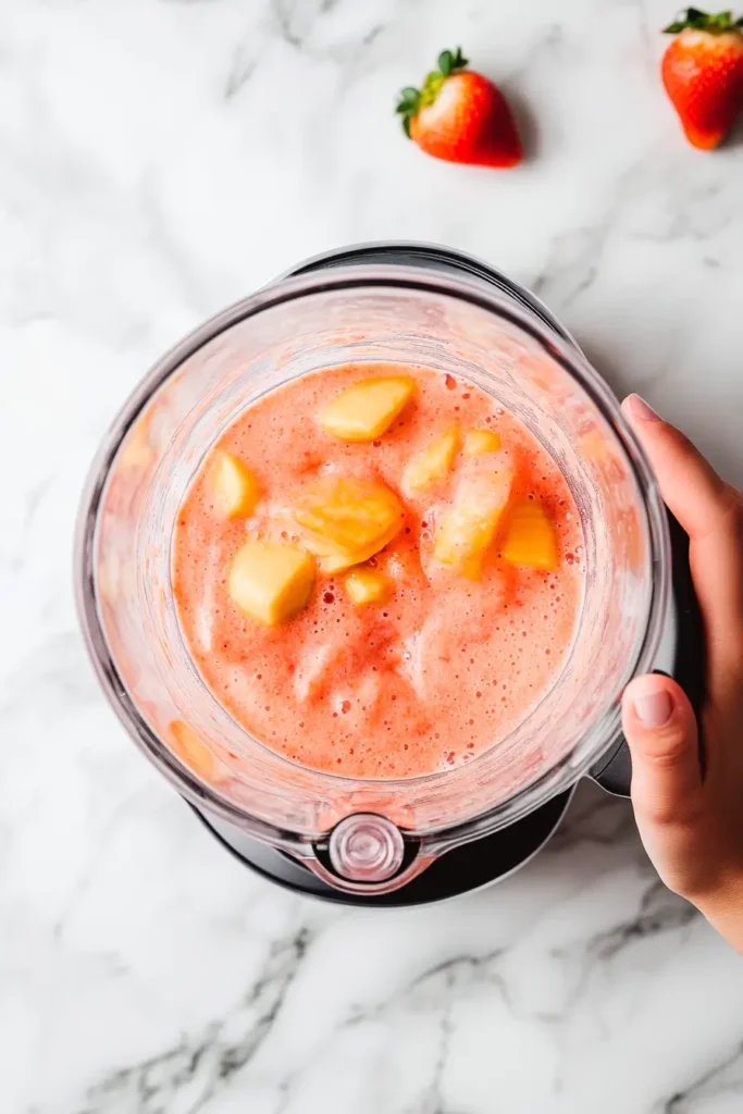 Blending strawberry mango banana smoothie