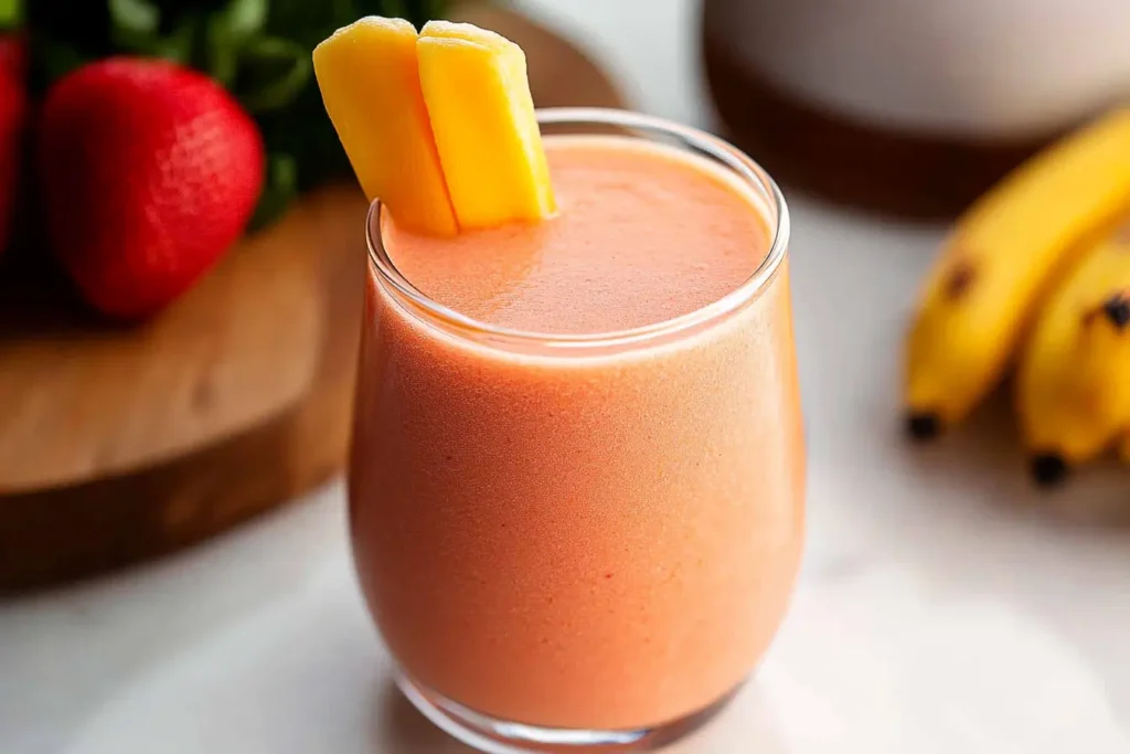 Strawberry mango banana smoothie in glass on white marble