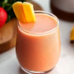 Strawberry mango banana smoothie in glass on white marble