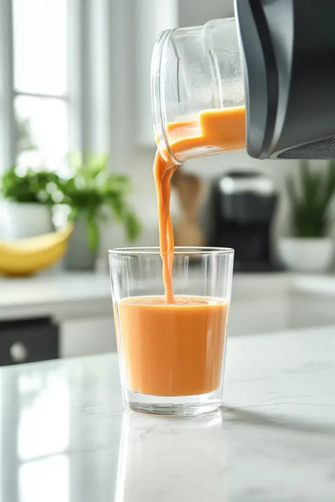 Pouring vibrant strawberry mango banana smoothie into glass