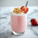 Strawberry protein smoothie topped with yogurt, graham cracker crumbs, and a fresh strawberry slice