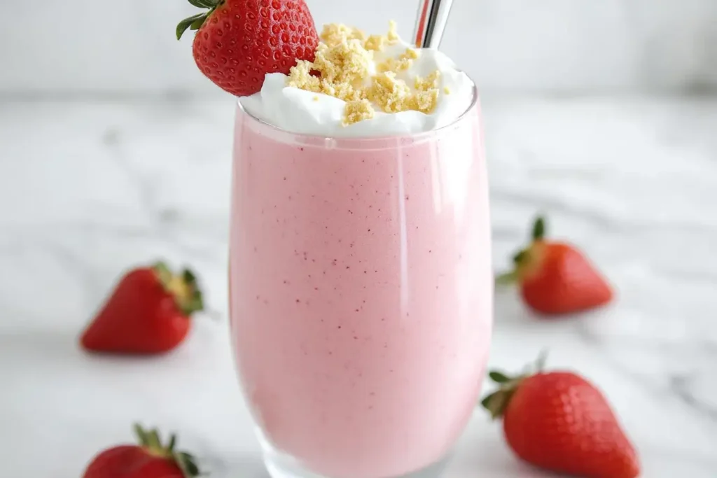 Strawberry protein smoothie in tall glass on white marble counter