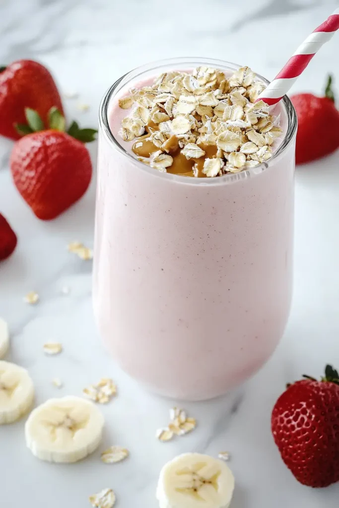 High-calorie strawberry protein smoothie with oats and nut butter