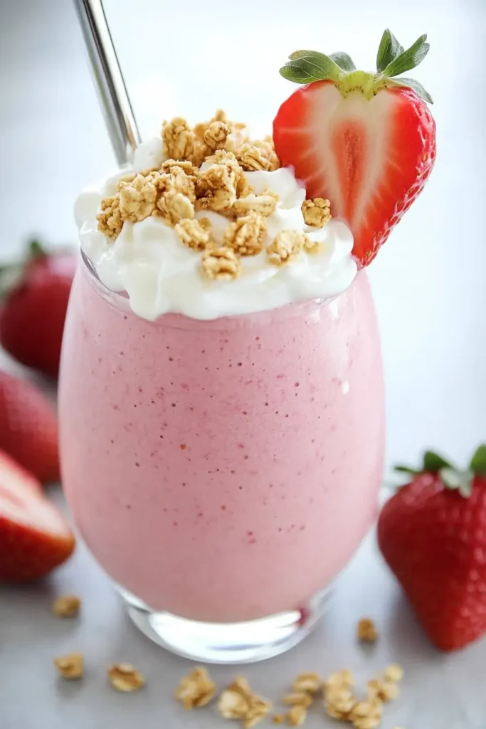 Strawberry yogurt protein smoothie topped with granola