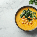 Sunshine soup in a white bowl on marble counter