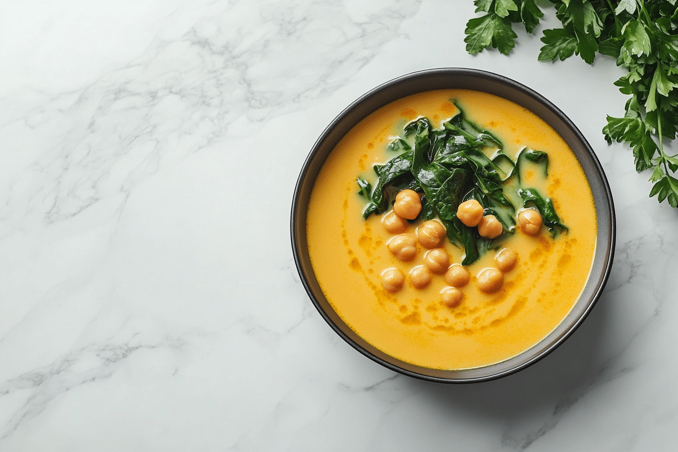 Sunshine soup in a white bowl on marble counter