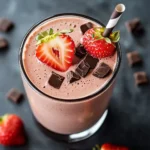 Square chocolate covered strawberry protein shake with chopped chocolate and fresh strawberries