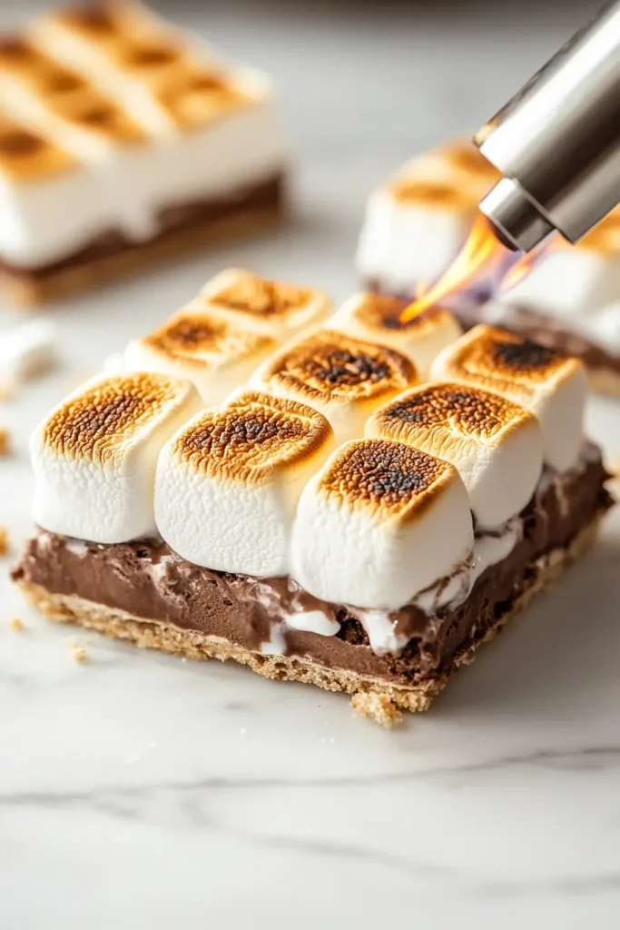 Toasting marshmallow topping on frozen s’mores bars