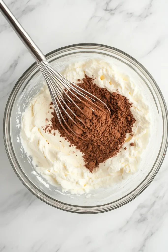 Whisking cocoa powder into cream in a glass bowl