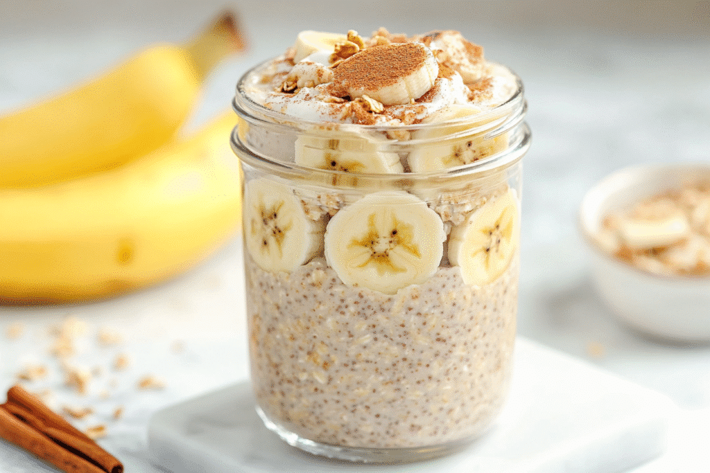 banana cinnamon overnight oats recipe in mason jar