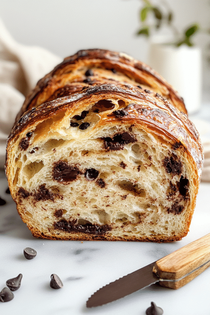 Chocolate chip croissant sourdough bread loaf with melted chocolate