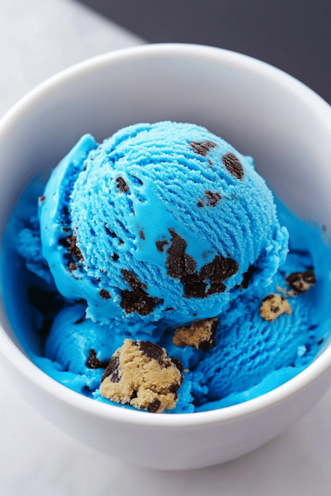 Cookie Monster ice cream with chocolate chunks and mini cookies in a white bowl