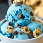 Cookie Monster ice cream in a waffle cone with cookie chunks