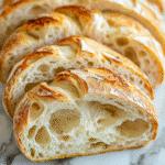 Sliced croissant sourdough bread loaf showing airy crumb and golden crust