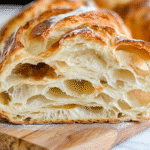Golden croissant sourdough bread loaf sliced open on marble countertop