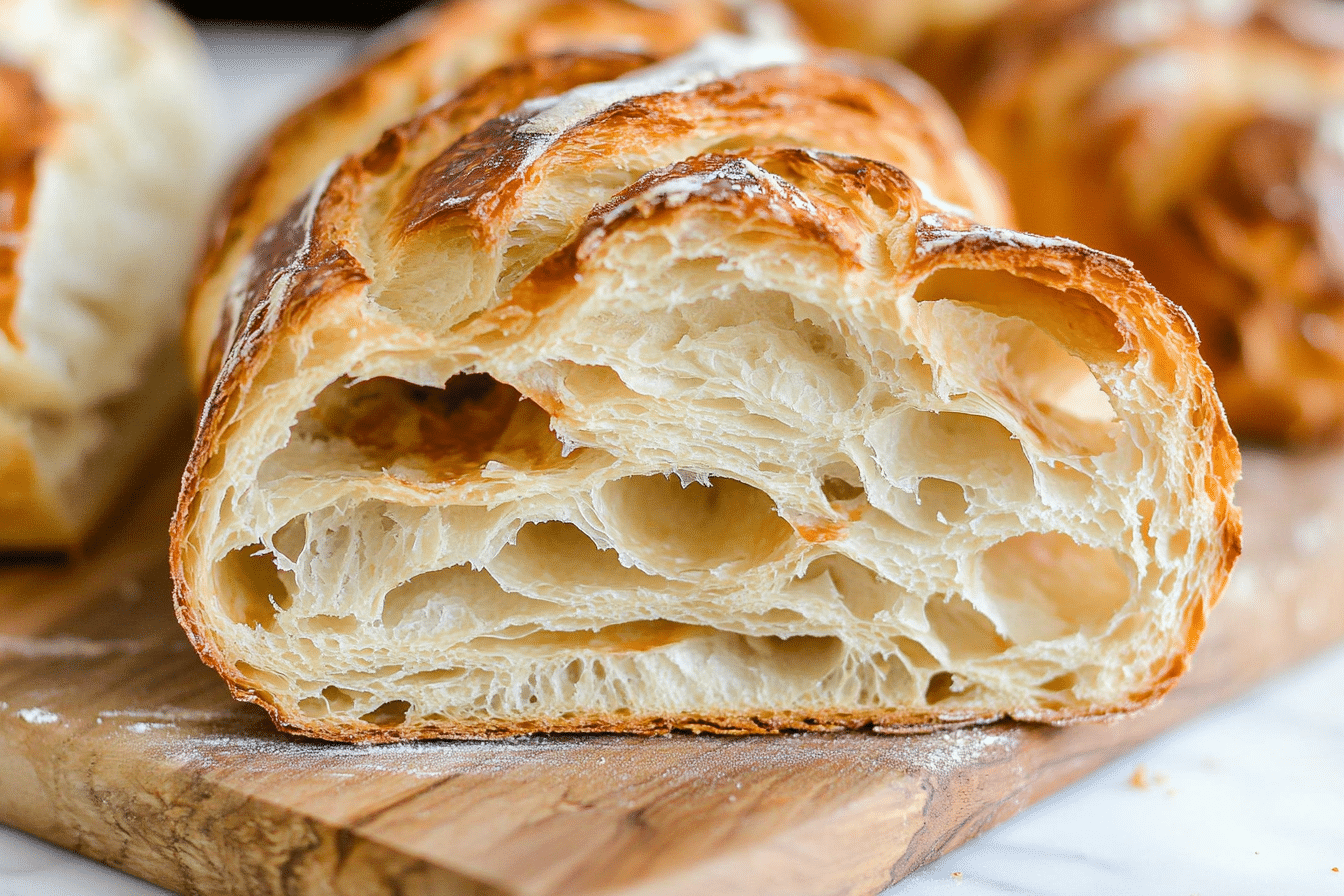 Golden croissant sourdough bread loaf sliced open on marble countertop