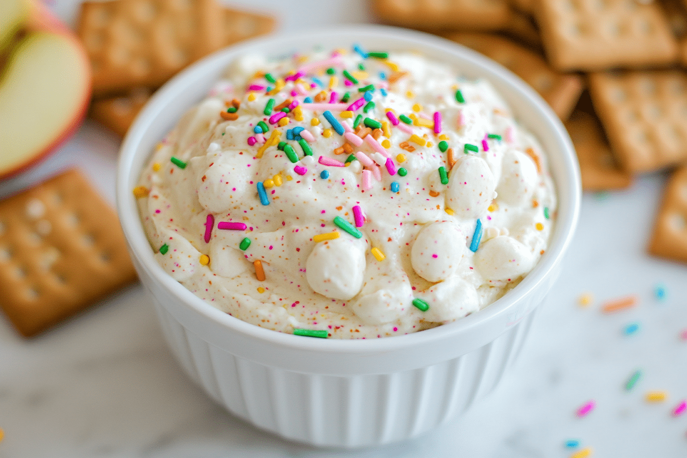 high protein dunkaroo dip with sprinkles and graham crackers