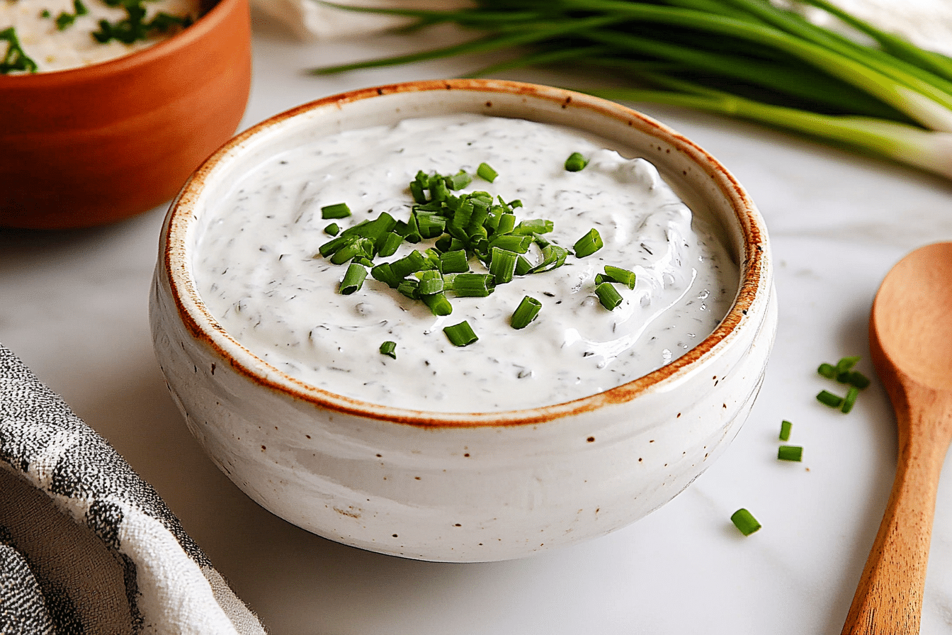 High protein ranch dip with chives in a white bowl on marble counter