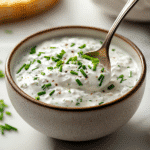High protein ranch dip in a spoon above white bowl
