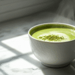 hot matcha latte recipe in white ceramic bowl with steam rising