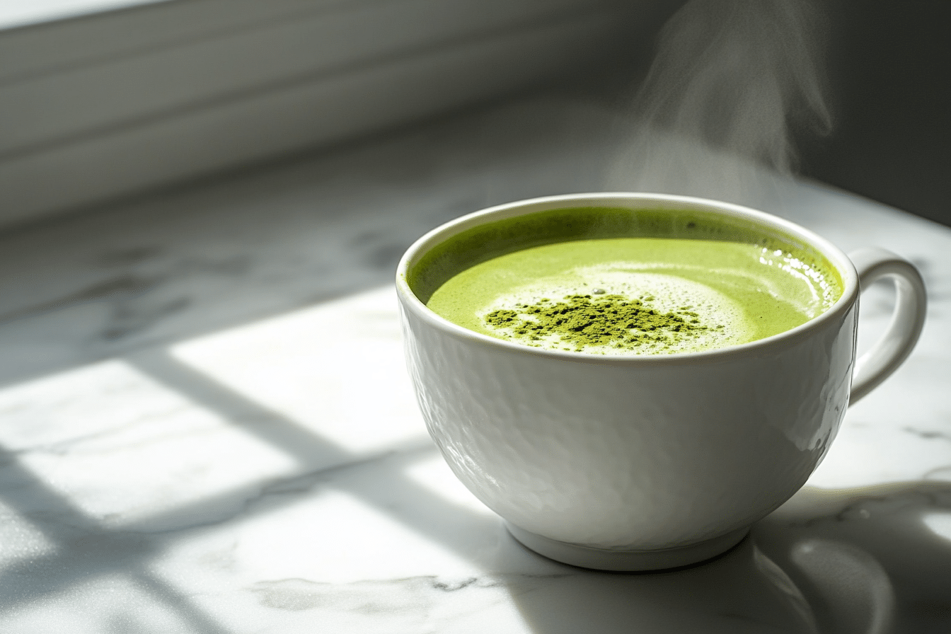 hot matcha latte recipe in white ceramic bowl with steam rising
